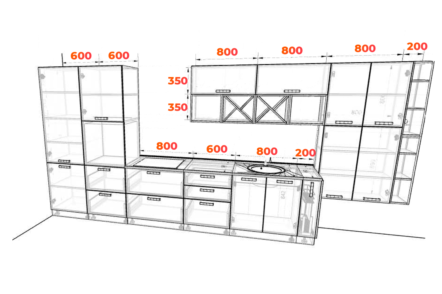 Схема прямой кухни Ройс 462 см