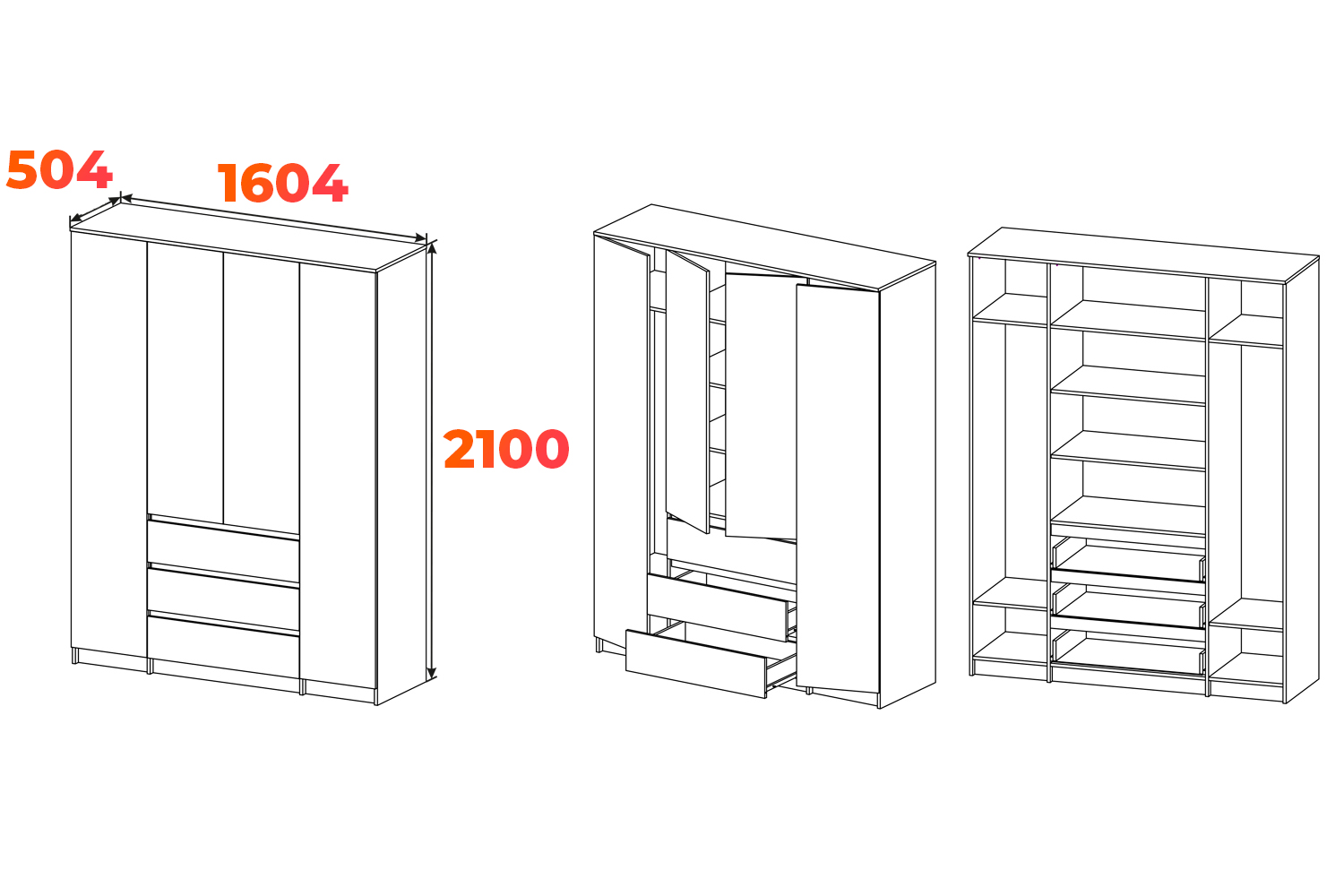 Схема четырёхстворчатого шкафа Мори 1600.1 с размерами