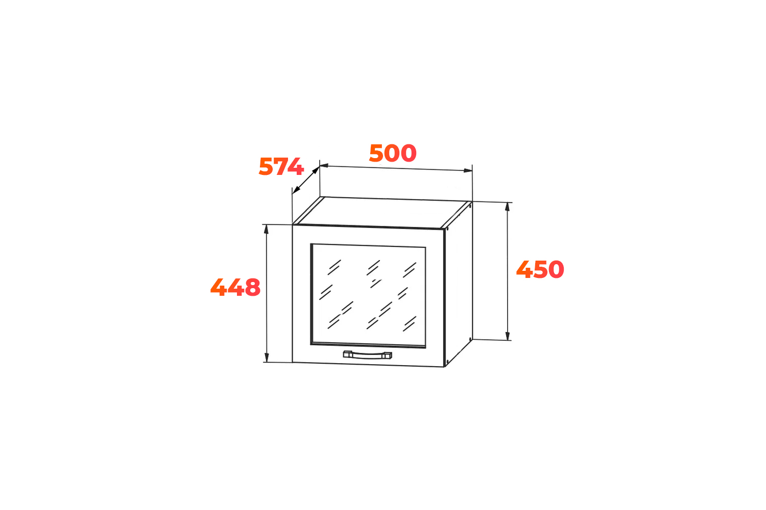 Схема навесного горизонтального шкафа со стеклом ГВПГС 500 с размерами