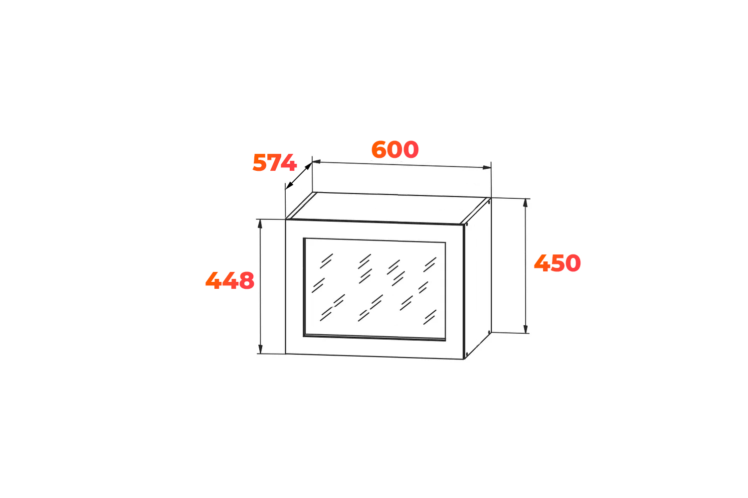 Схема навесного горизонтального шкафа со стеклом ГВПГС 600 с размерами