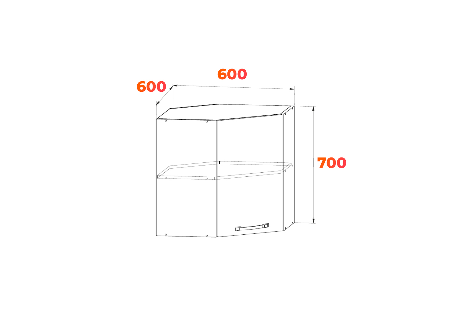 Схема навесного углового кухонного шкафа ПУ 600 с размерами