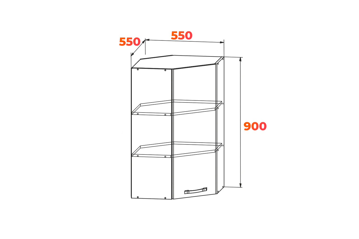 Схема навесного углового шкафа ВПУ 550 с размерами