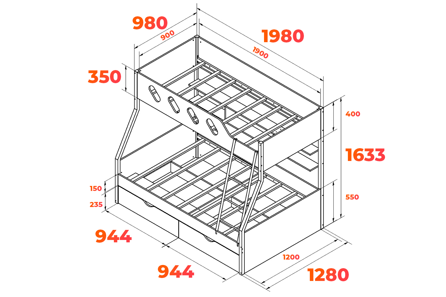 Схема двухъярусной кровати Дельта 20.02 с размерами