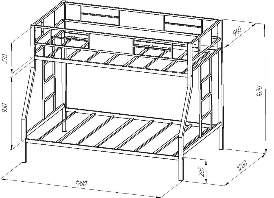 Схема с габаритными размерами для двухъярусной кровати Гранада-2