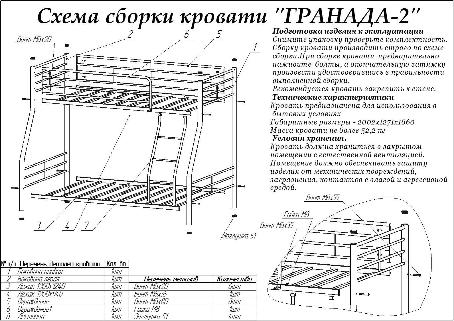 Схема сборки для двухъярусной кровати Гранада-2