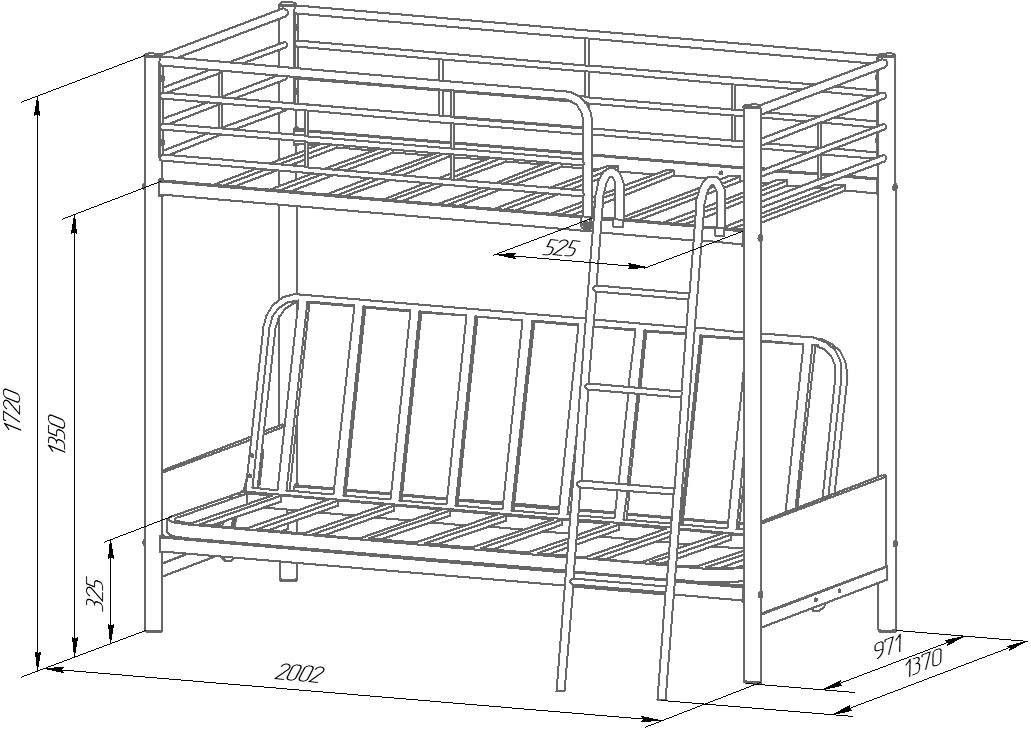 Схема с размерами для кровати чердака Мадлен-2 с диваном внизу