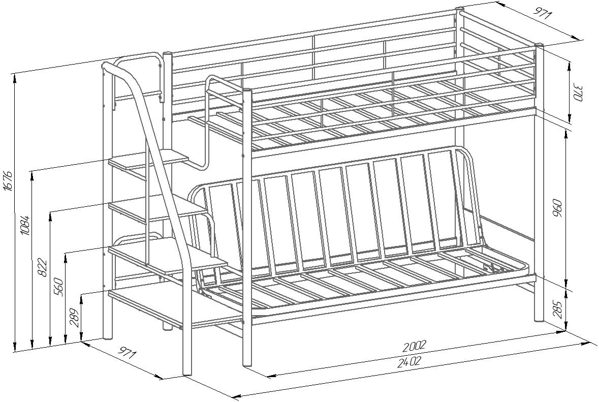 Схема с габаритными размерами кровати чердака Мадлен-3 с диваном внизу