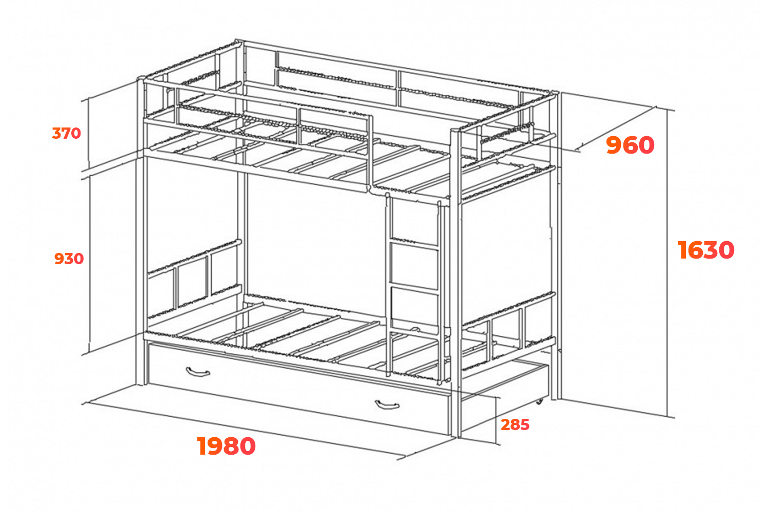 Схема двухъярусной кровати Севилья 2Я с размерами