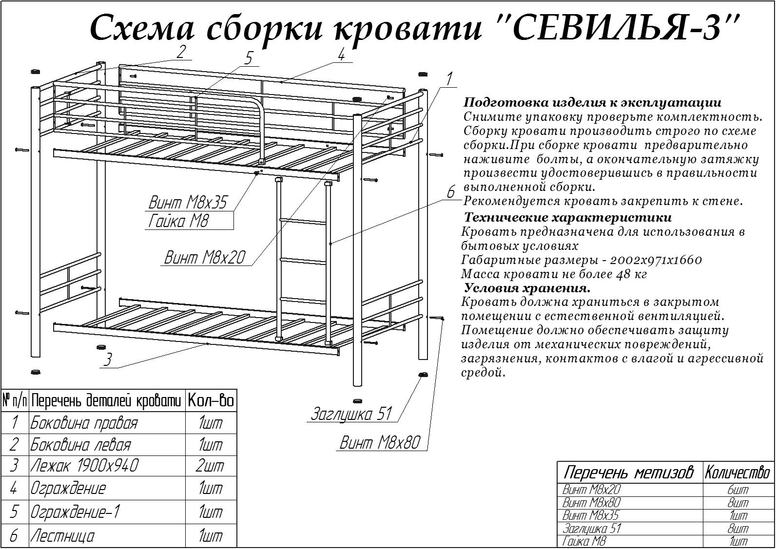 Схема сборки двухъярусной кровати Севилья 3