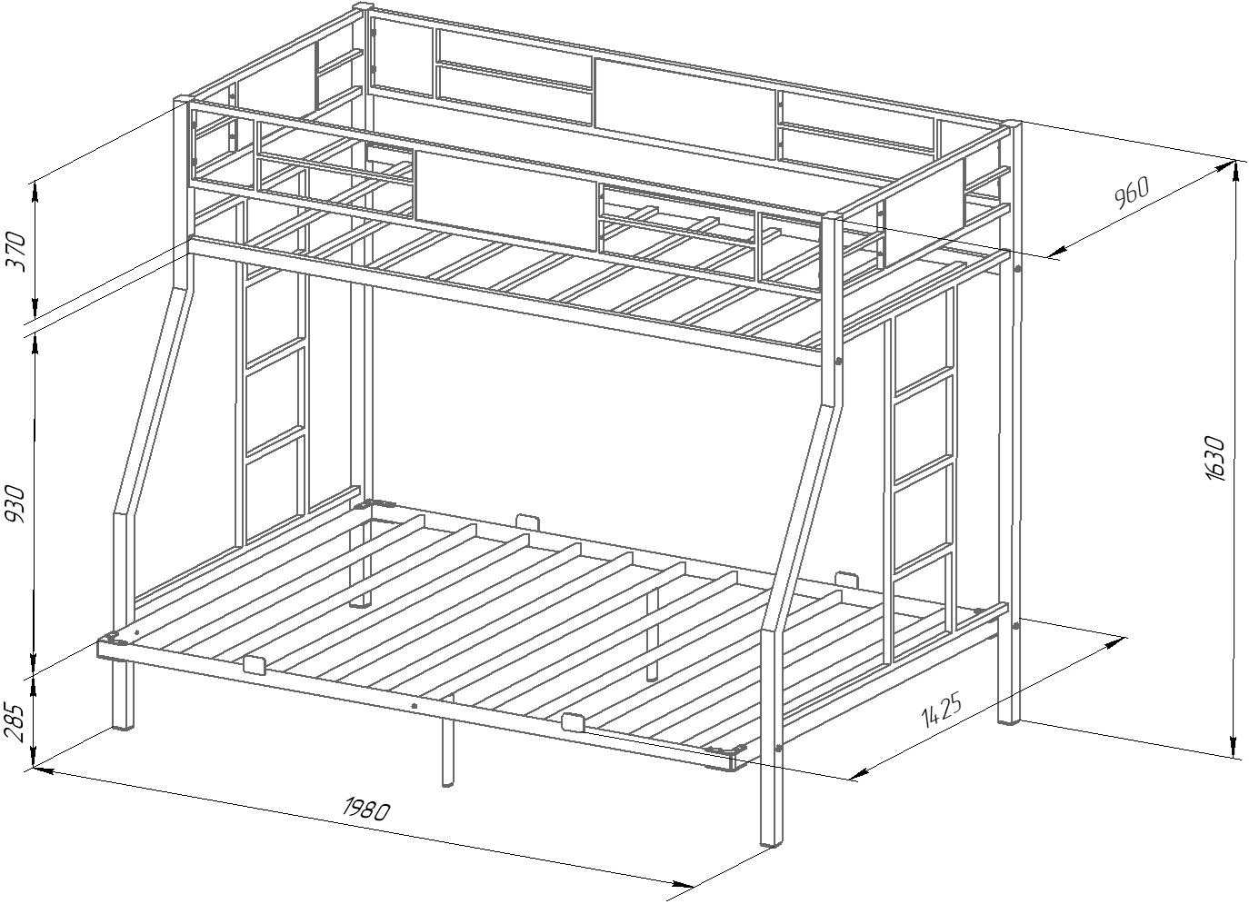 Схема двухъярусной кровати Гранада 1400 с размерами