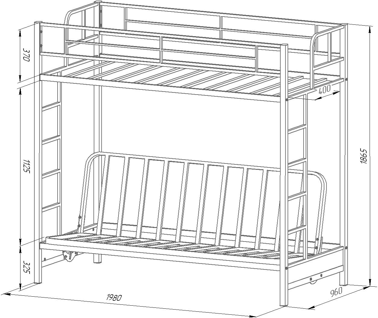Схема с габаритными размерами кровати чердака Мадлен с диваном внизу