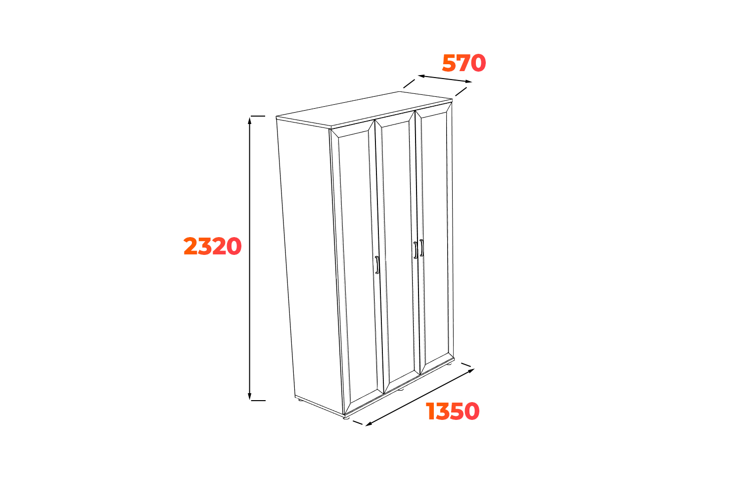 Схема трёхстворчатого шкафа Гарун-К 513.01 с размерами