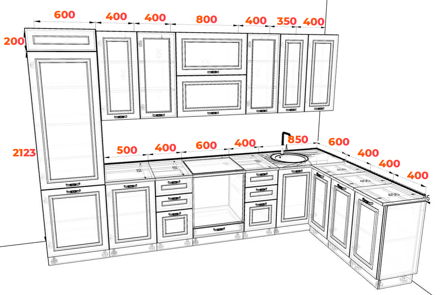 Схема кухни Капри 335х182 см