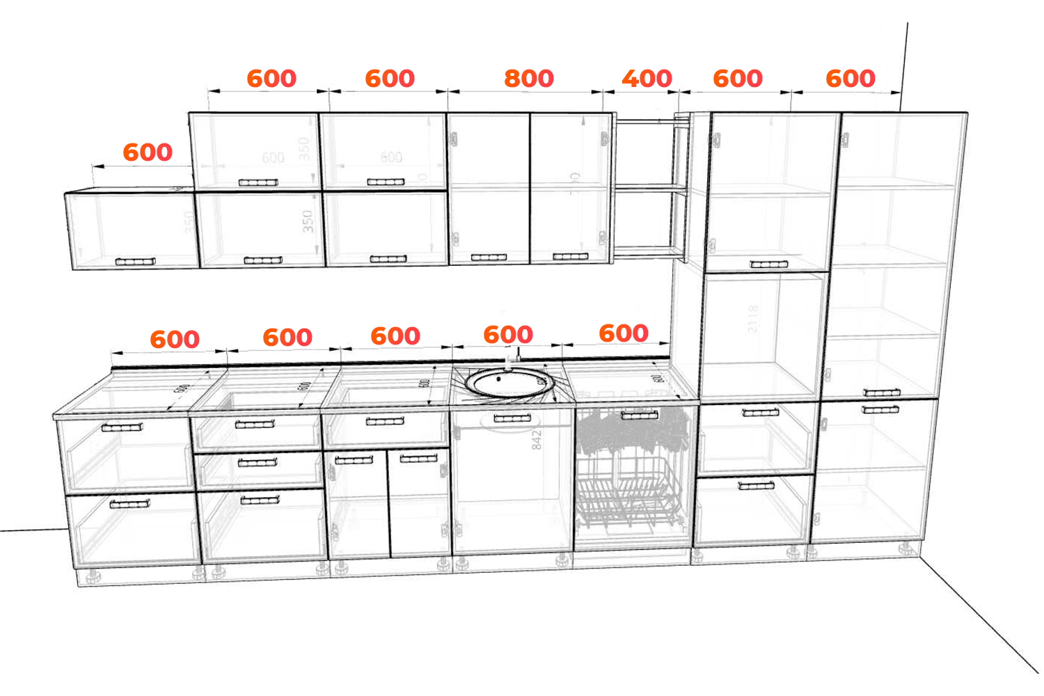Схема кухни прямой кухни Фенис 4,2 метра