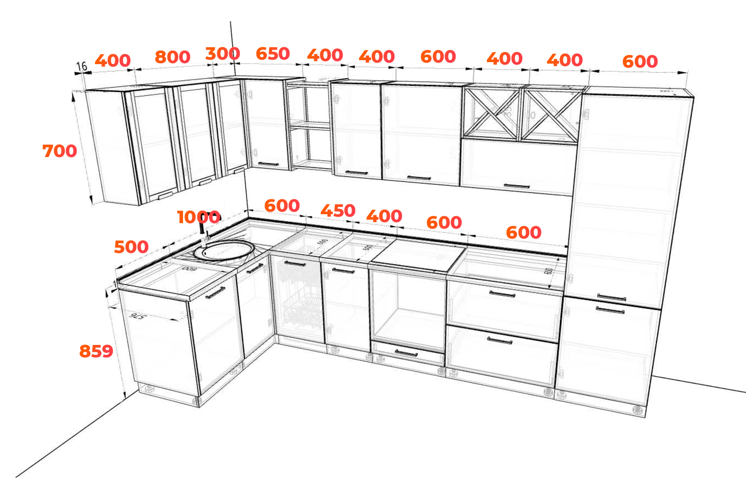 Схема кухни Фенис 345х152 см