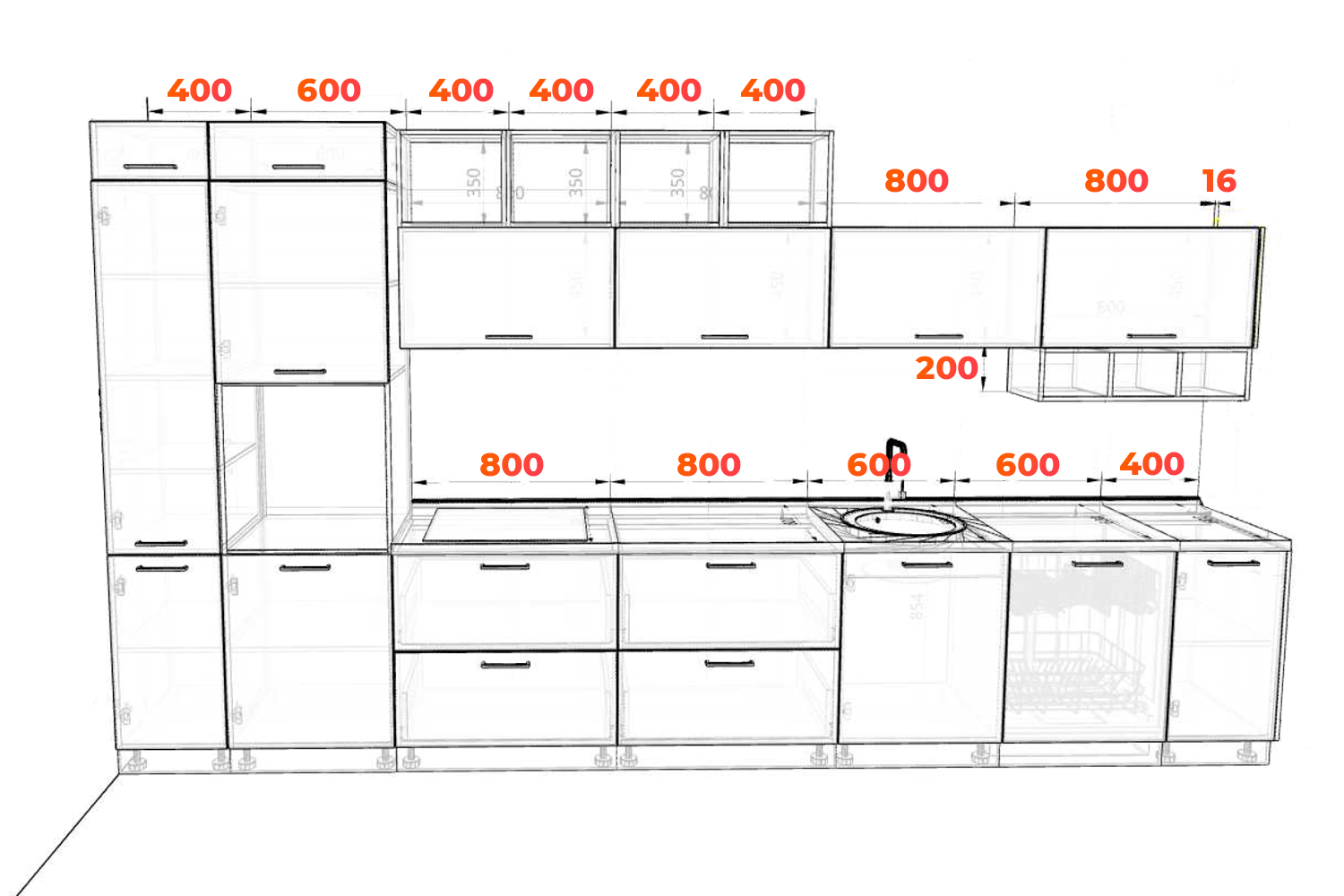 Схема прямой кухни Фенис 342 см