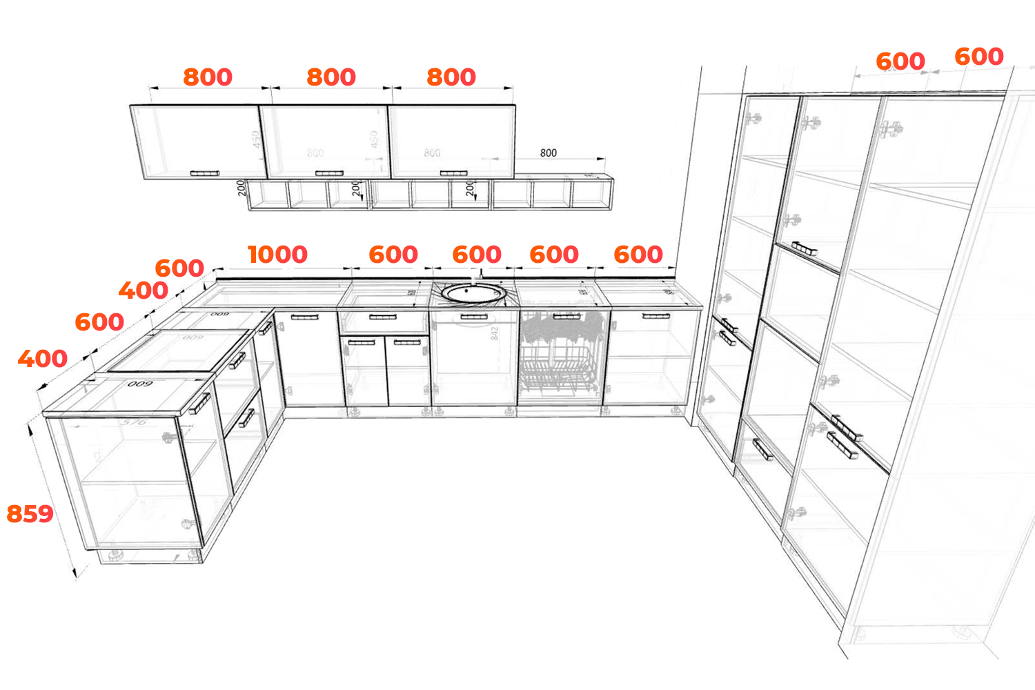 Схема кухни Фенис с полуостровом и встроенными шкафами