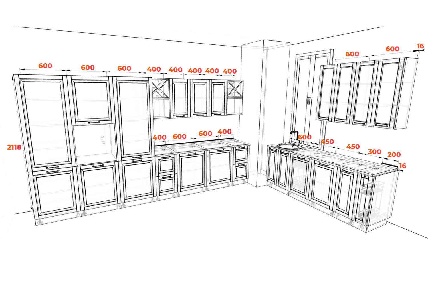 Схема большей кухни Гарда в загородный дом с размерами элементов