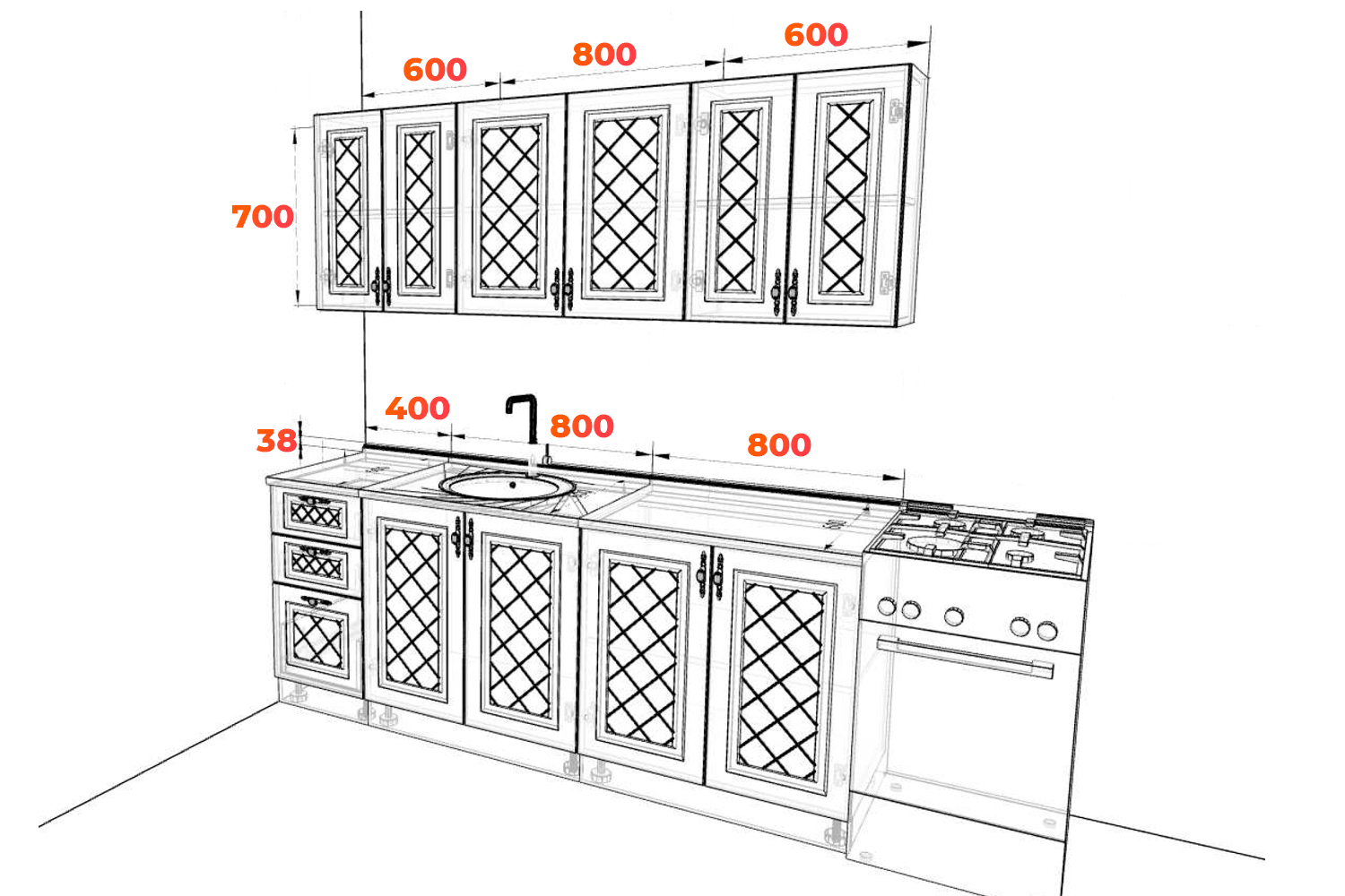 Схема кухни Гранд 200 см с размерами модулей