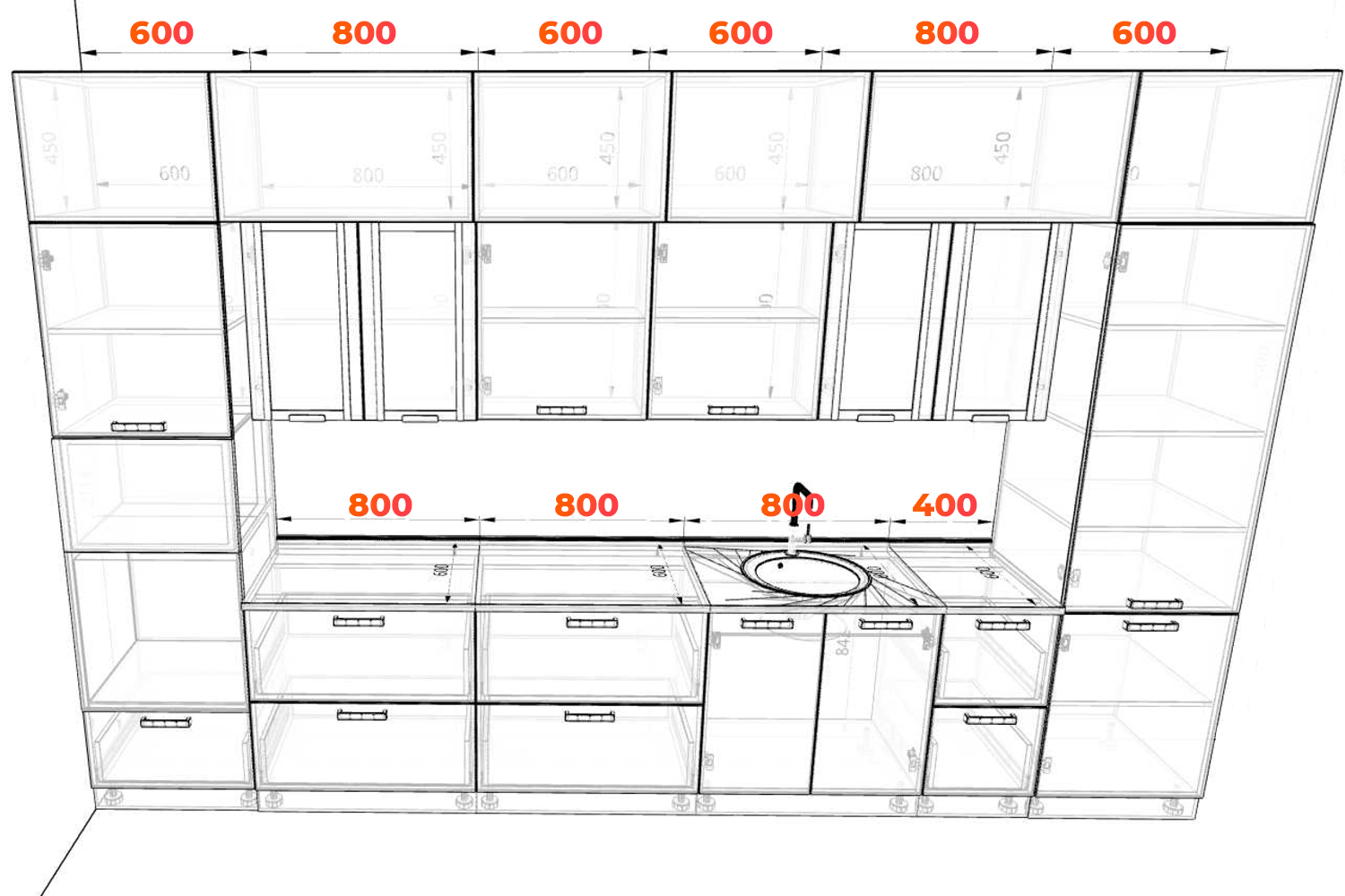 Схема кухни Мелисса 400 см с размерами