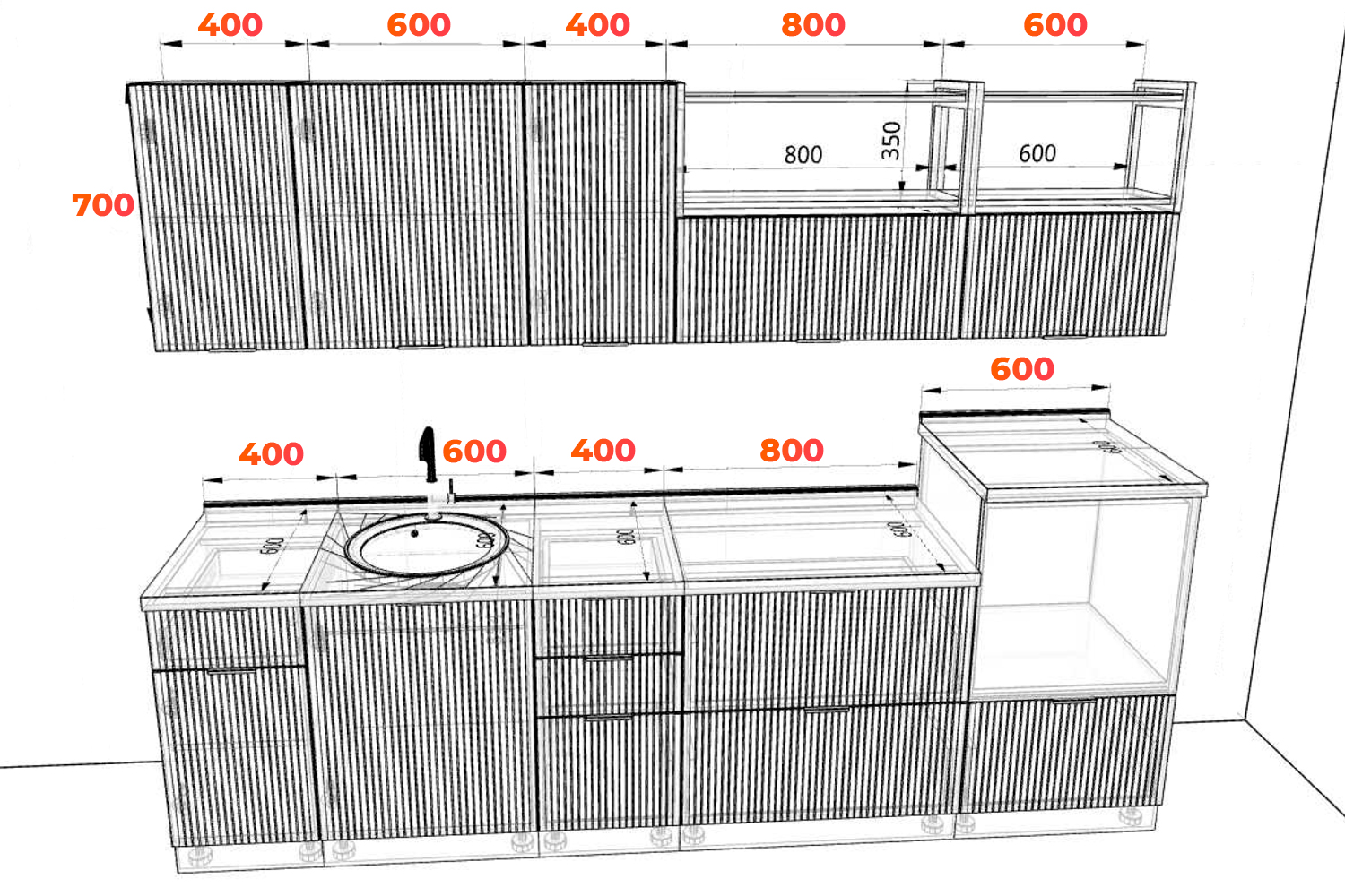 Схема кухни Монца 280 см с размерами элементов