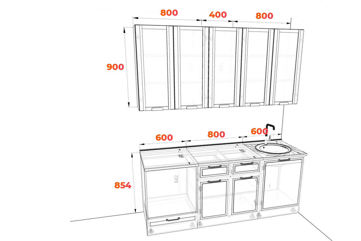 Схема кухни Монца 2000 мм с верхними витринами