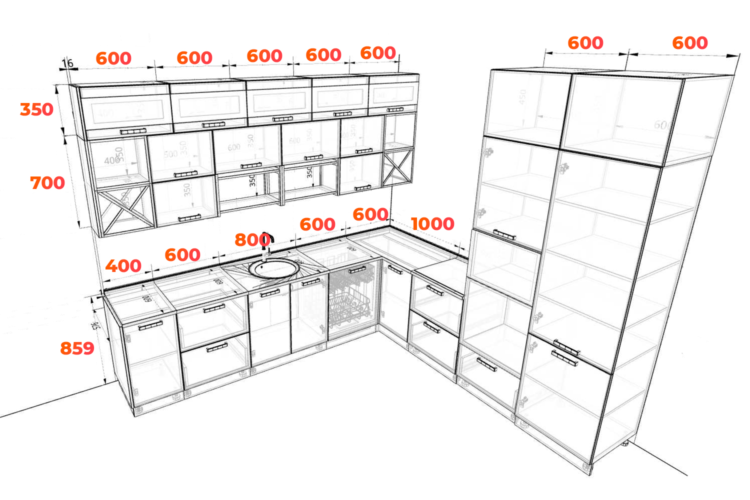 Схема угловой кухни Ройс с размерами