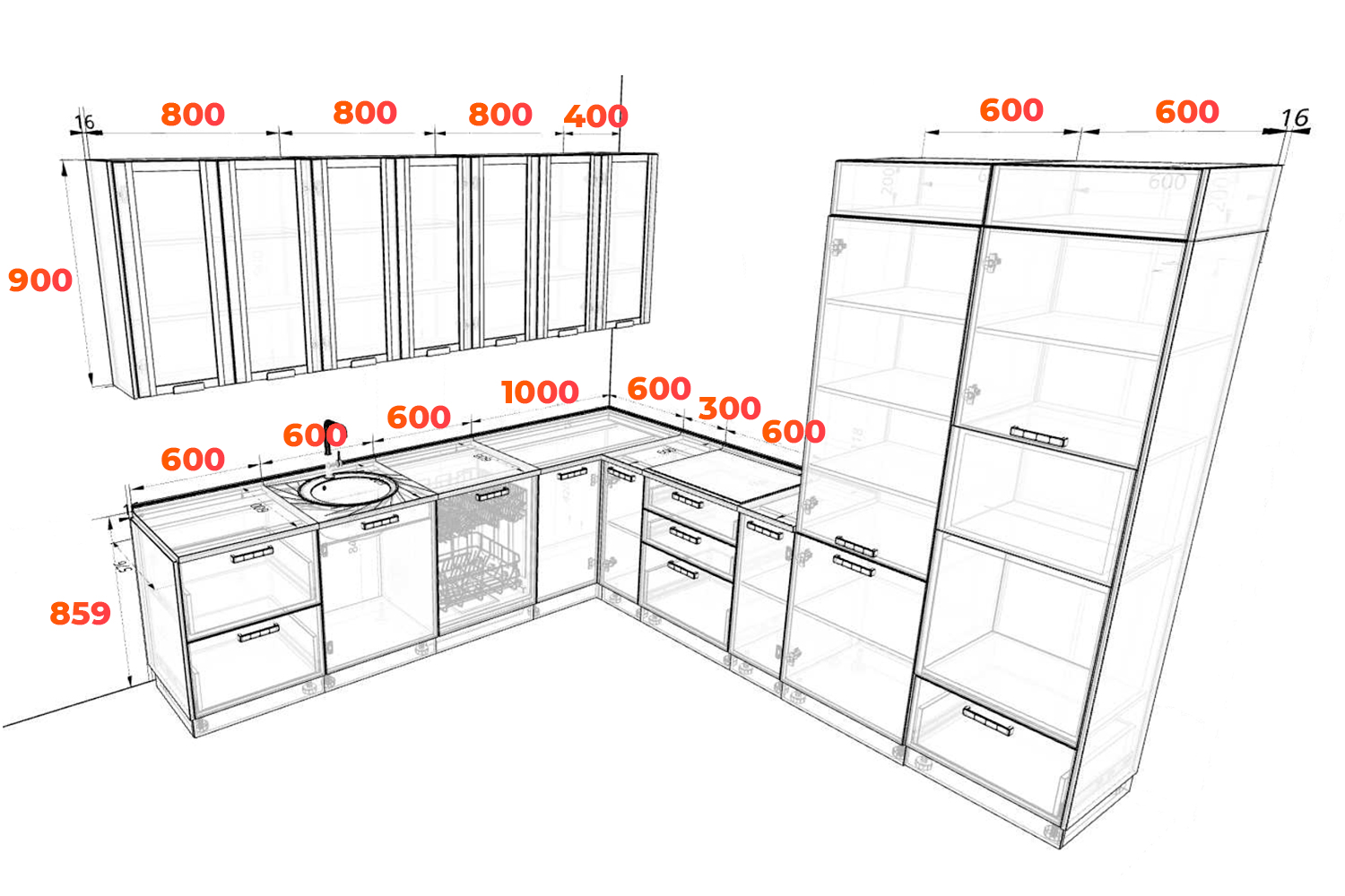 Схема кухни угловой кухни Ройс 282х302 см