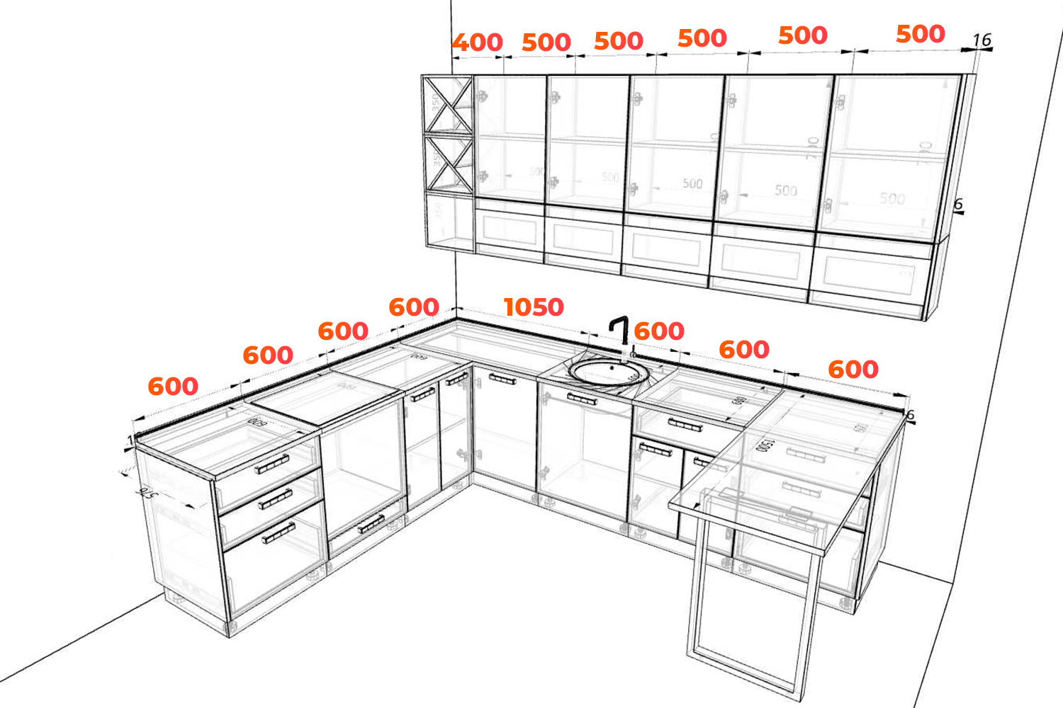 Схема угловой кухни Ройс с барной стойкой
