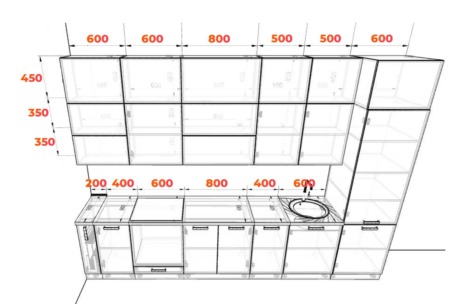 Схема кухни Ройс со шкафами под потолок