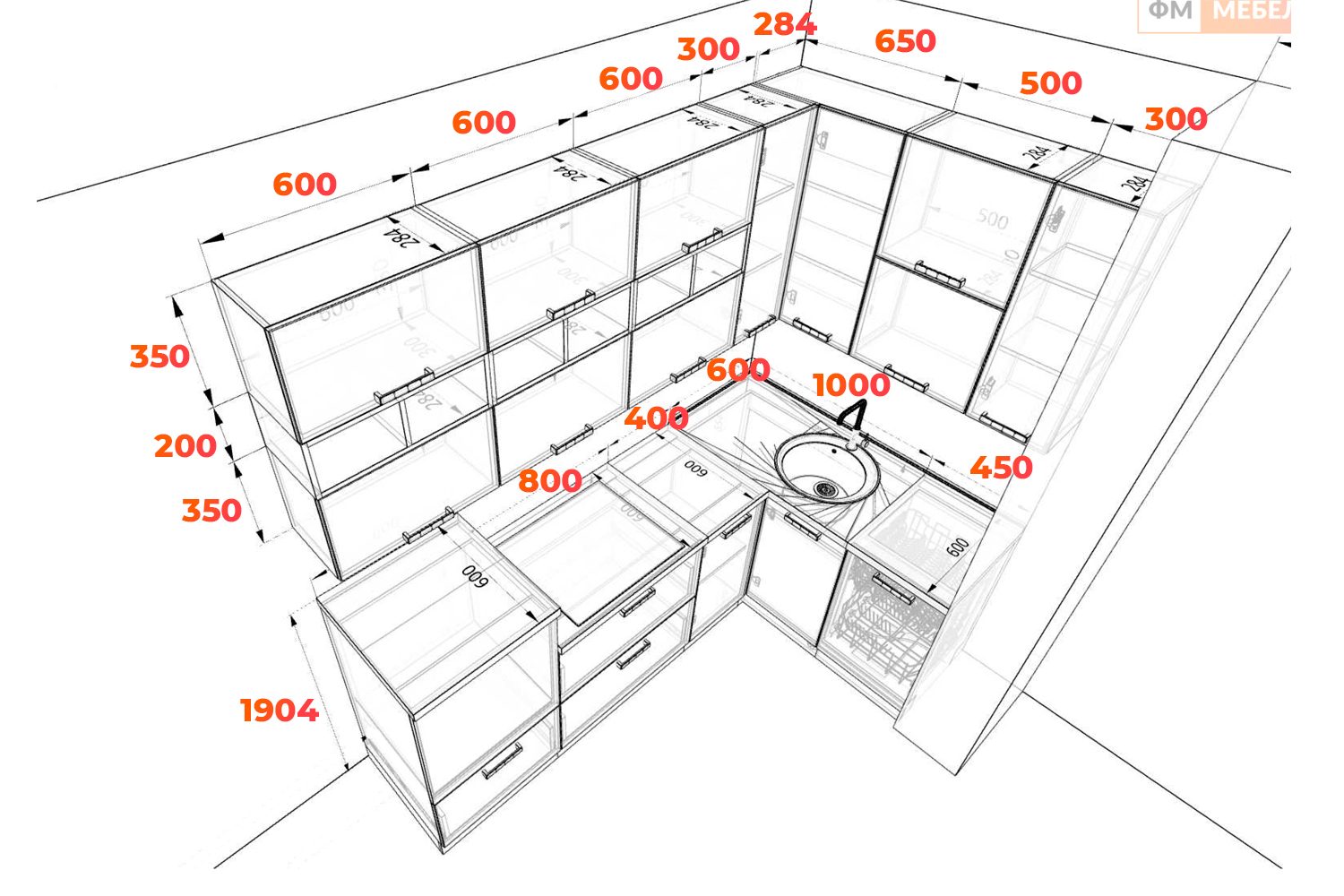 Схема угловой кухни Ройс со шкафами под потолок
