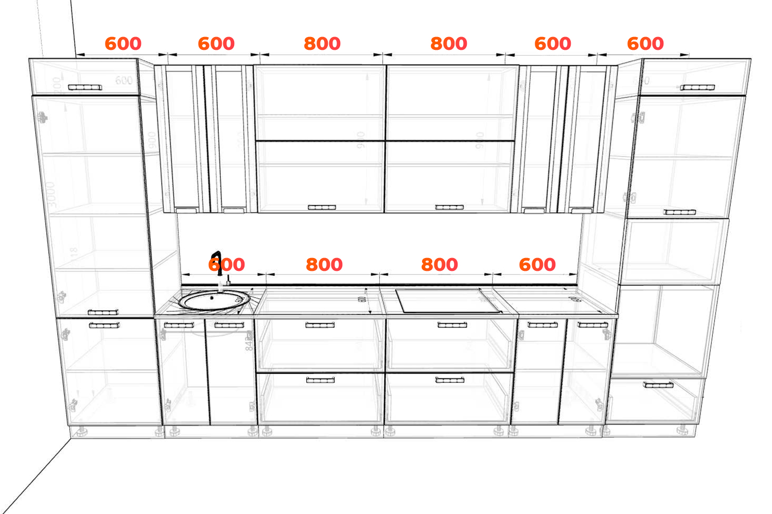 Схема кухни Ройс 4 метра со шкафами под потолок