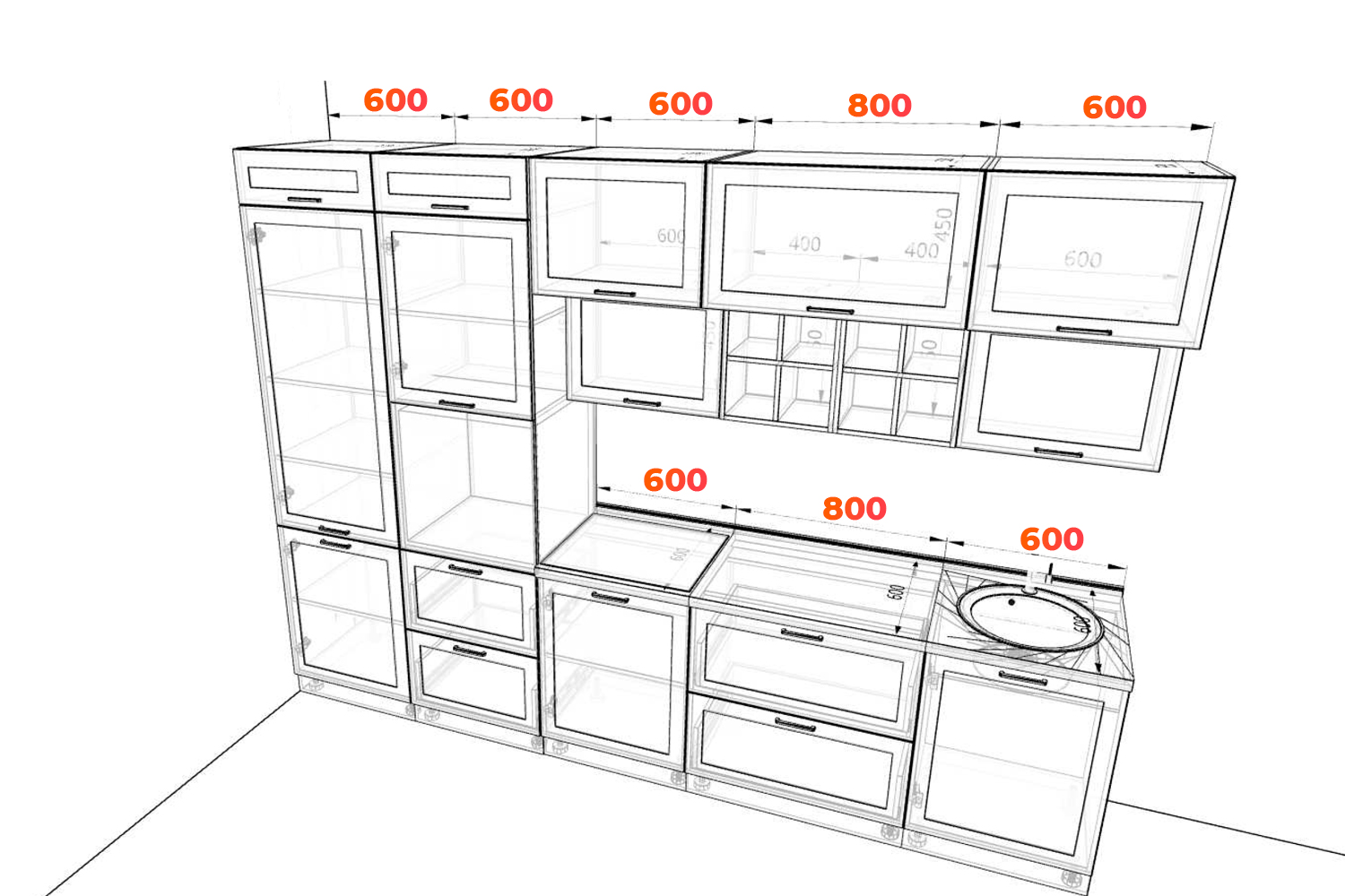 Схема кухни Ройс с глубокими антресольными шкафами