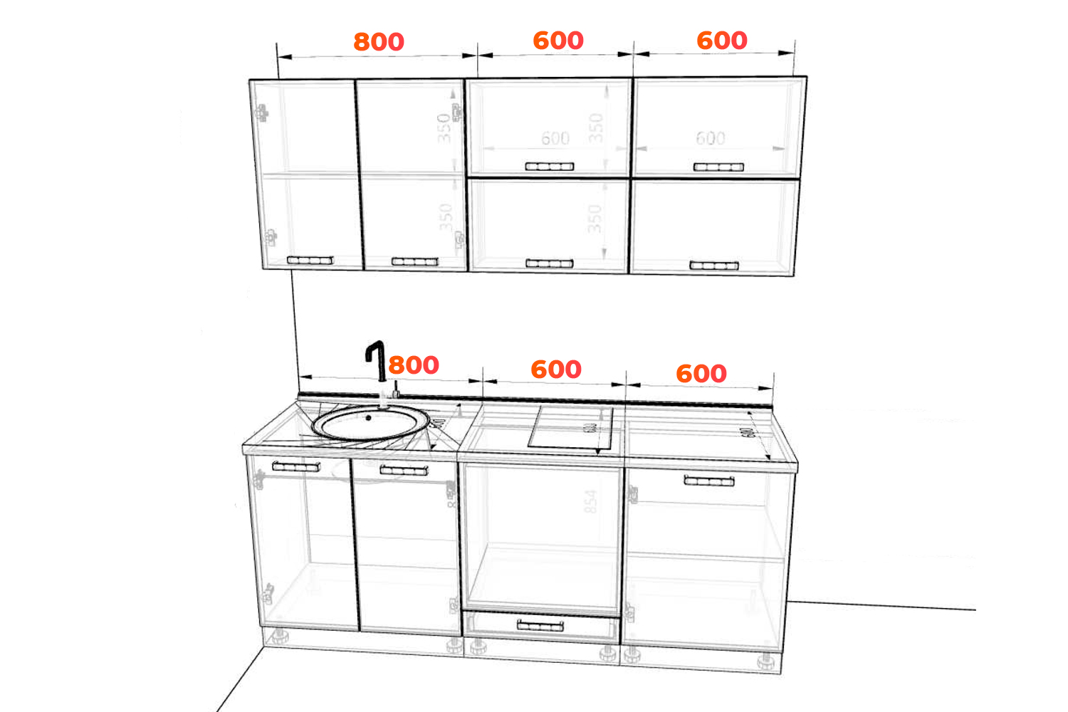 Схема прямой кухни Ройс 2000 мм