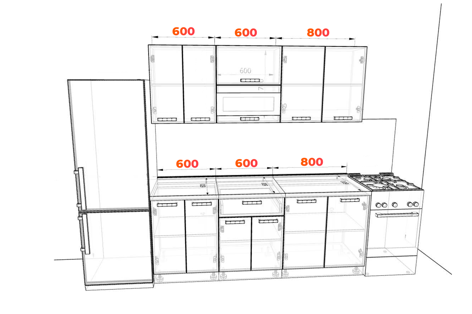 Схема прямой кухни Ройс 250 см с отдельно стоящей плитой