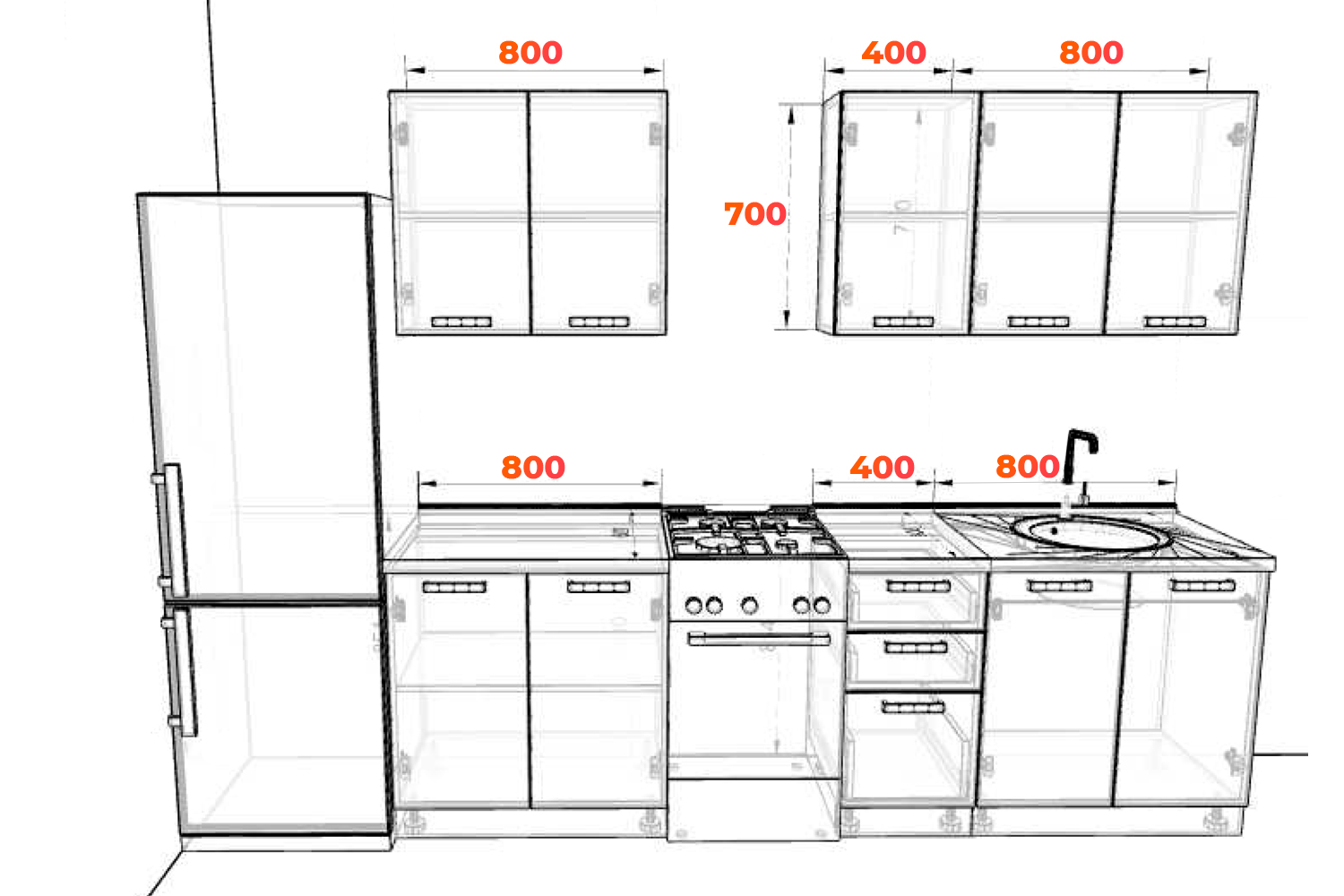 Схема кухни Ройс 250 см с размерами элементов