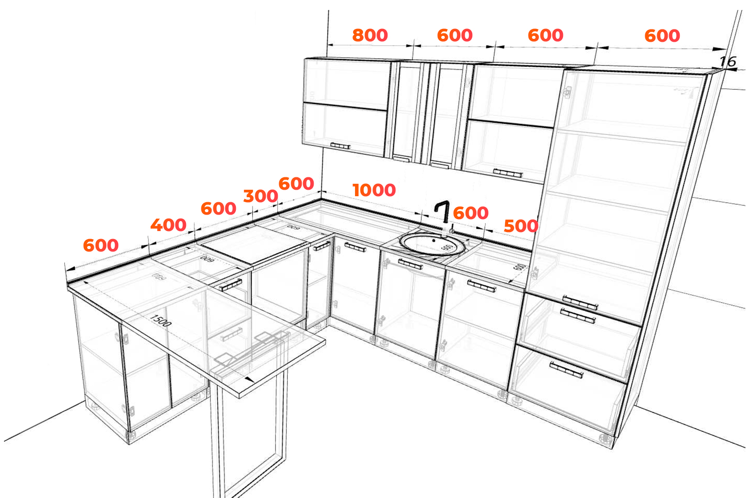 Схема кухни с фасадами Ройс и Лофт
