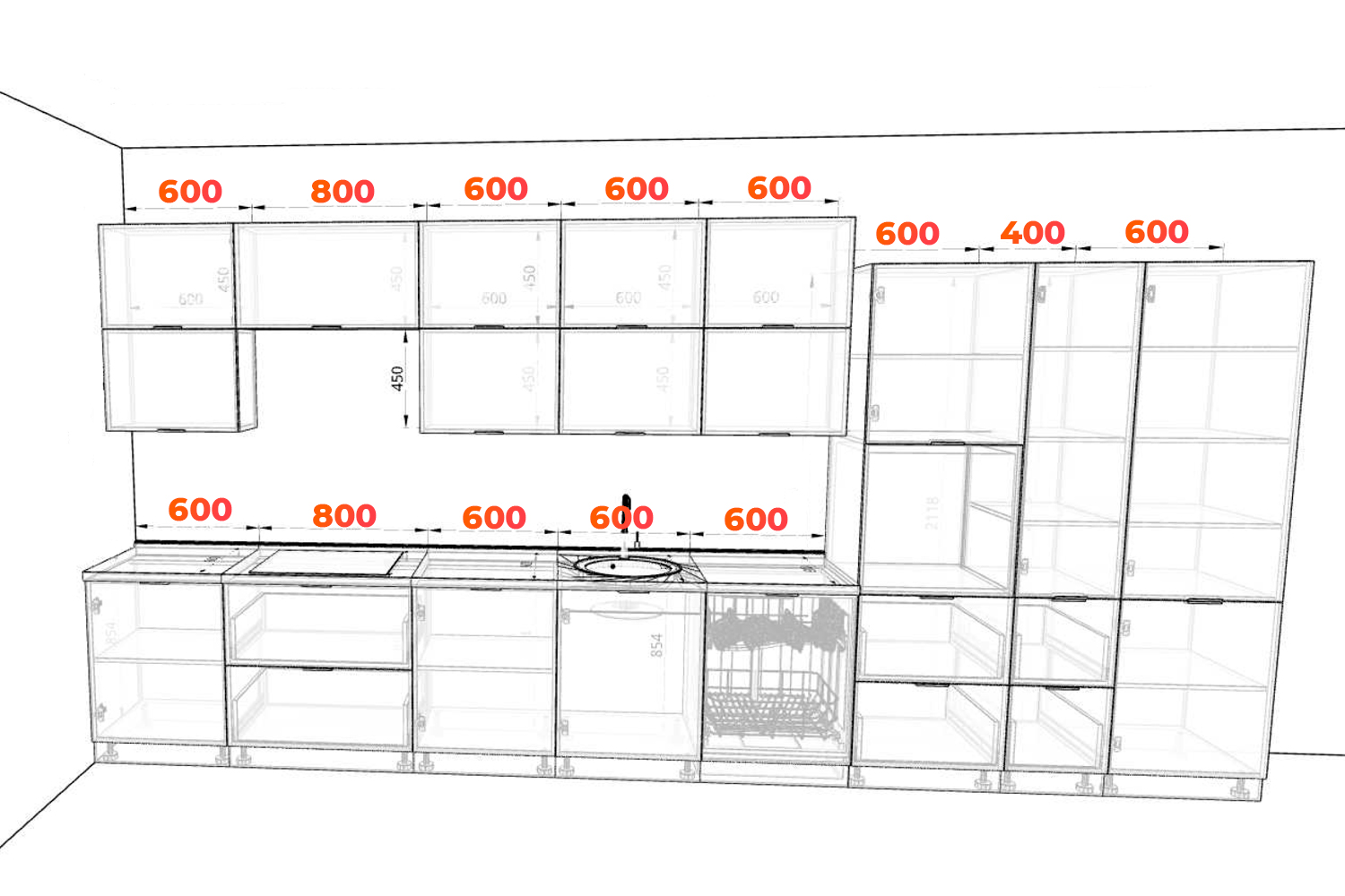 Схема большой прямой кухни со встроенной техникой