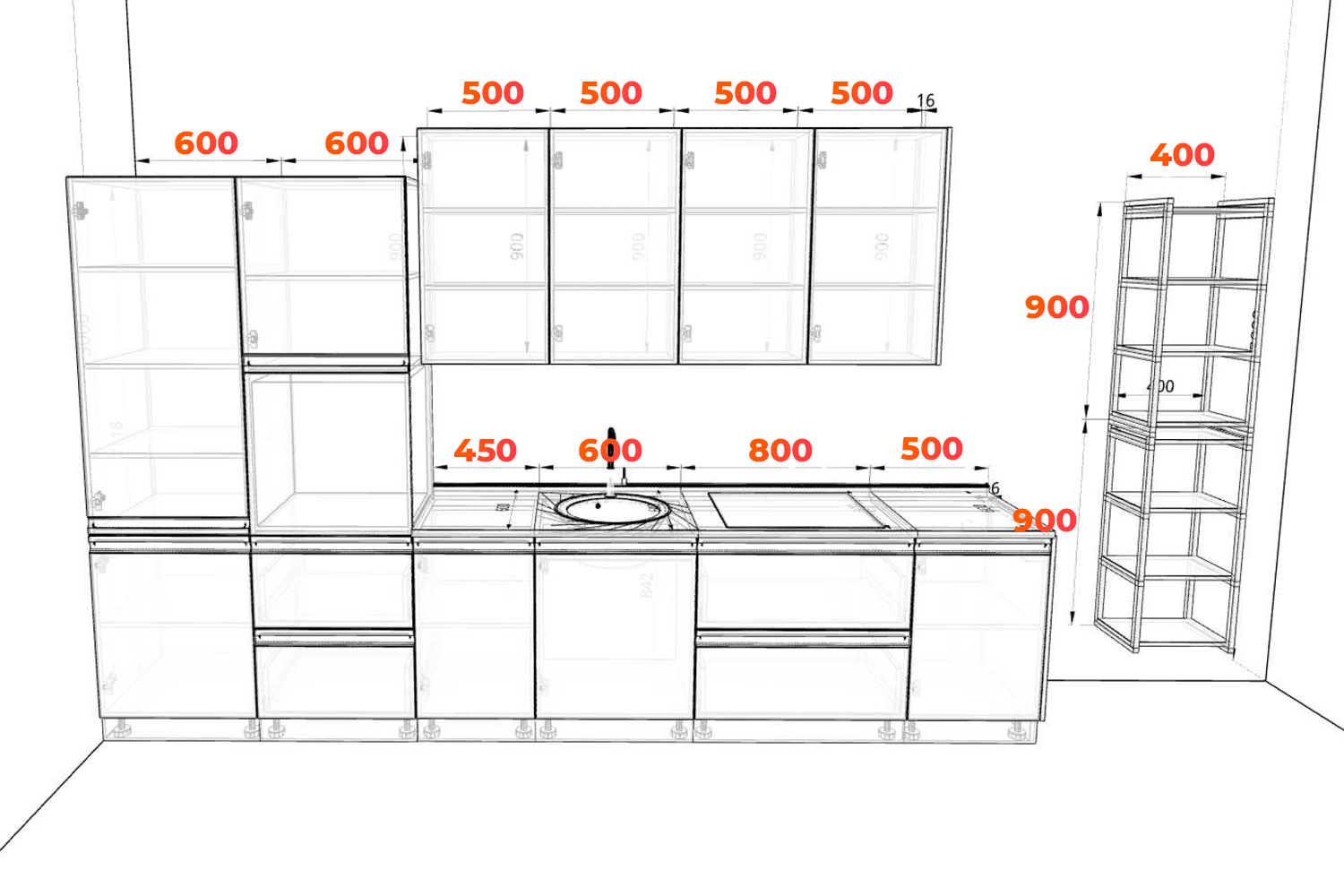Схема кухни Скала с высокими верхними шкафами