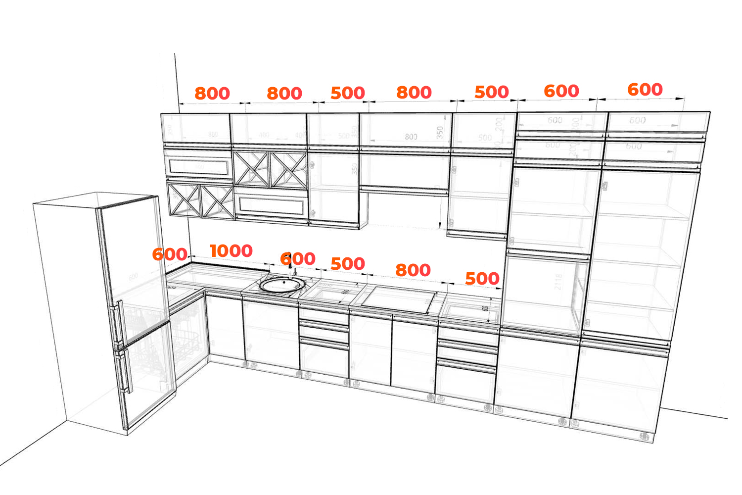 Схема кухни Скала со встроенной ПММ и холодильником