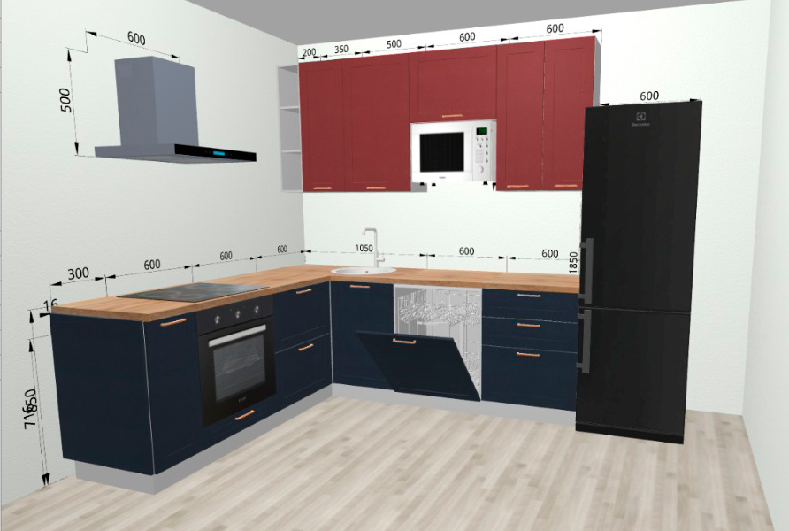 Проект кухни Квадро с фасадами Черника и Красная кожа в ЖК Сокол