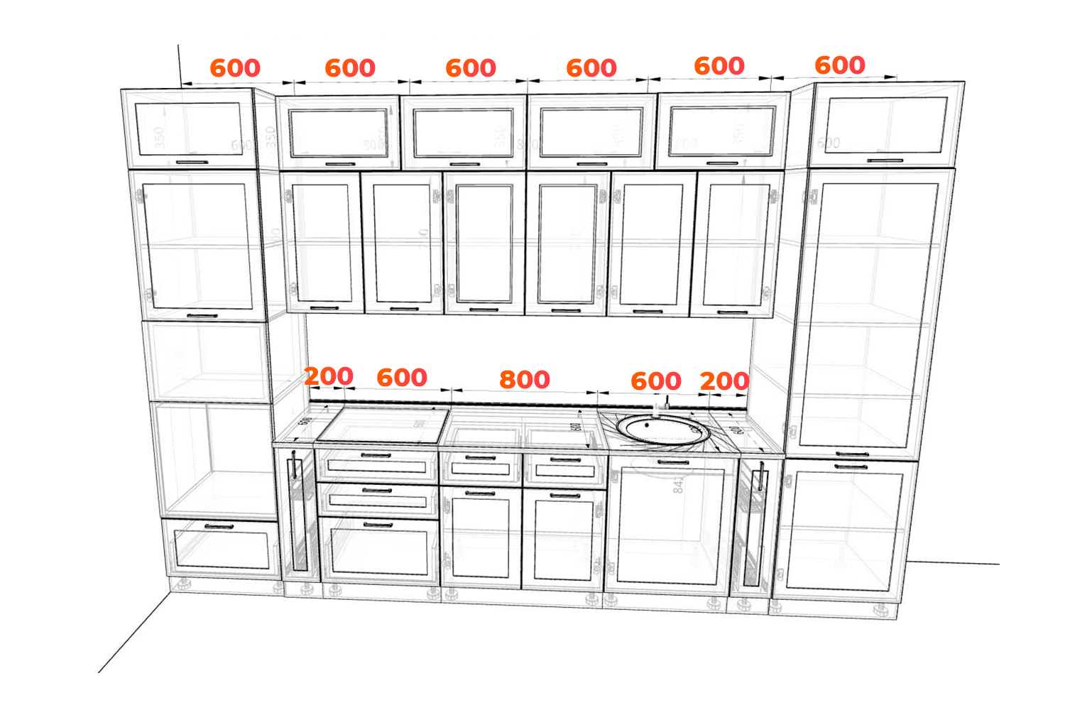 Схема кухни Квадро с размерами элементов