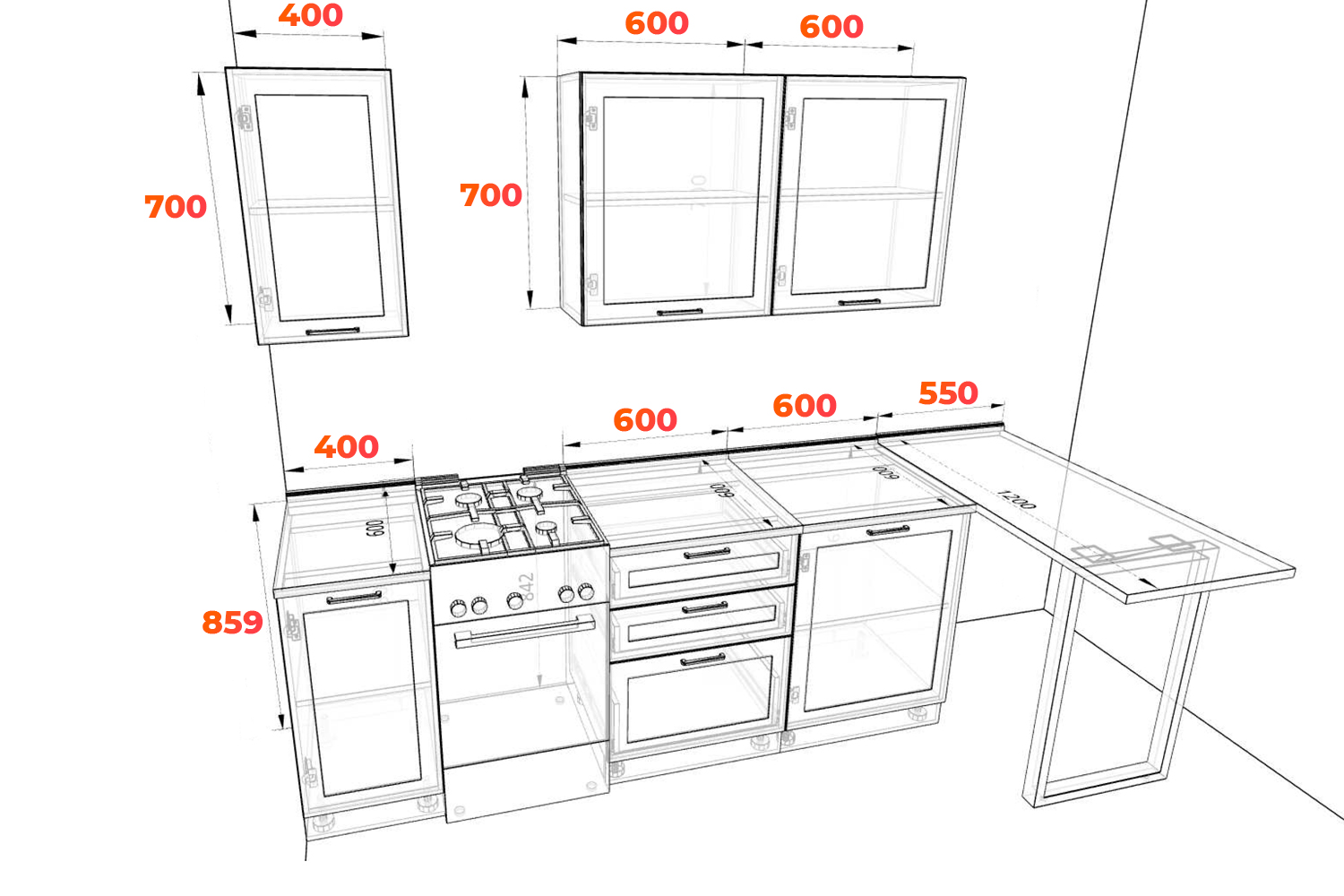 Схема небольшой кухни Квадро с барной стойкой
