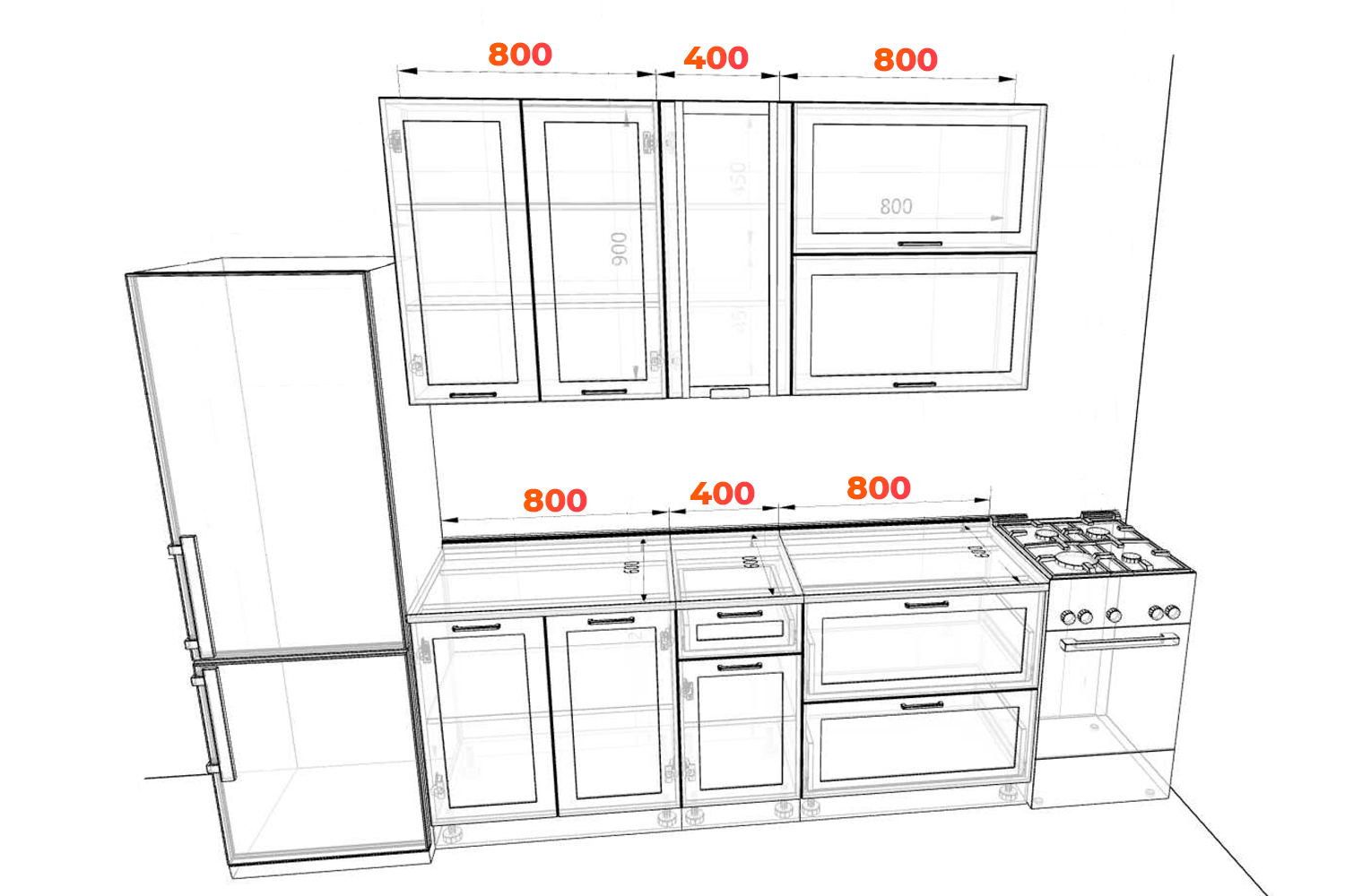 Схема кухни Квадро 200 см с высокими верхними шкафами
