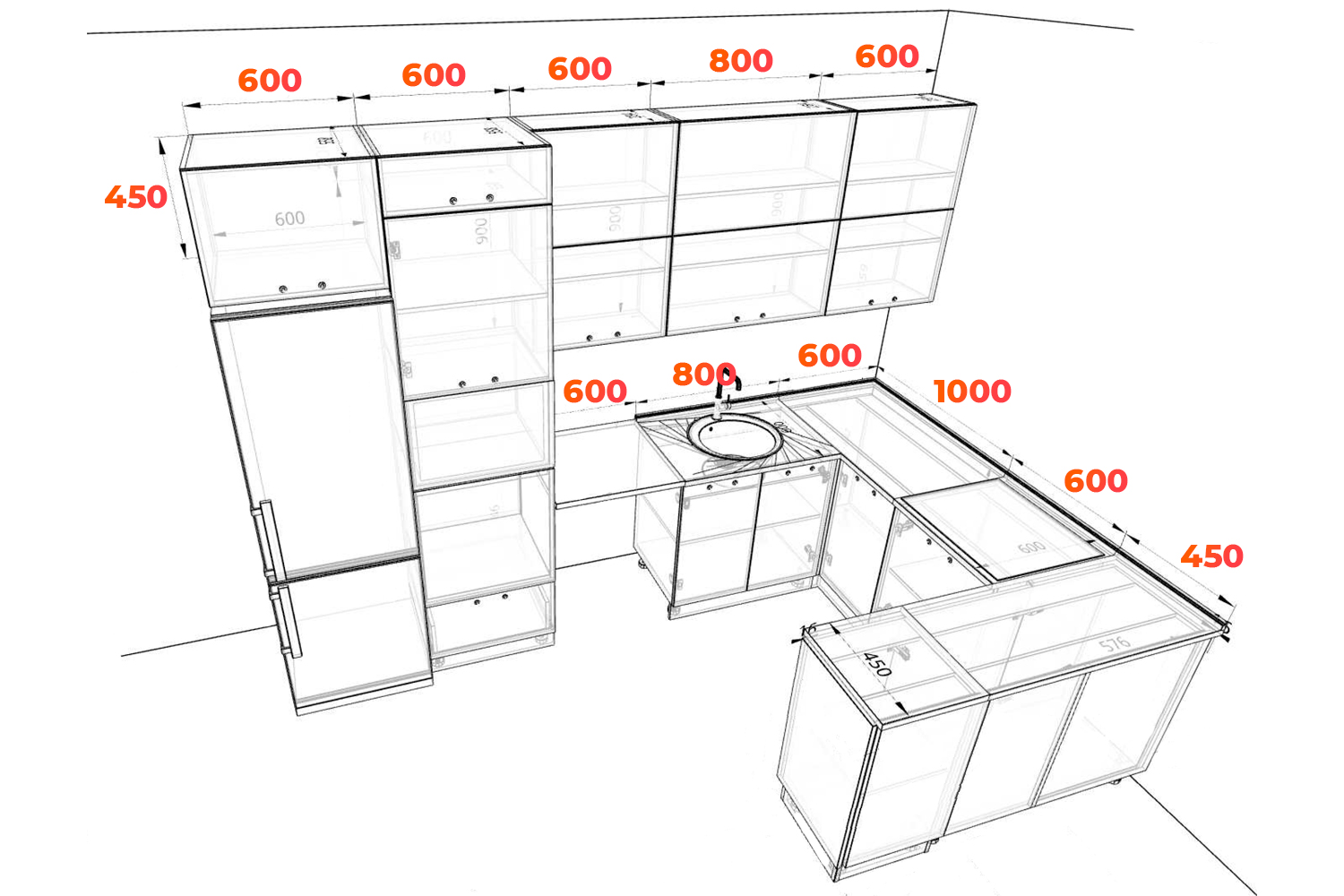 Схема П-образной кухни Лофт 