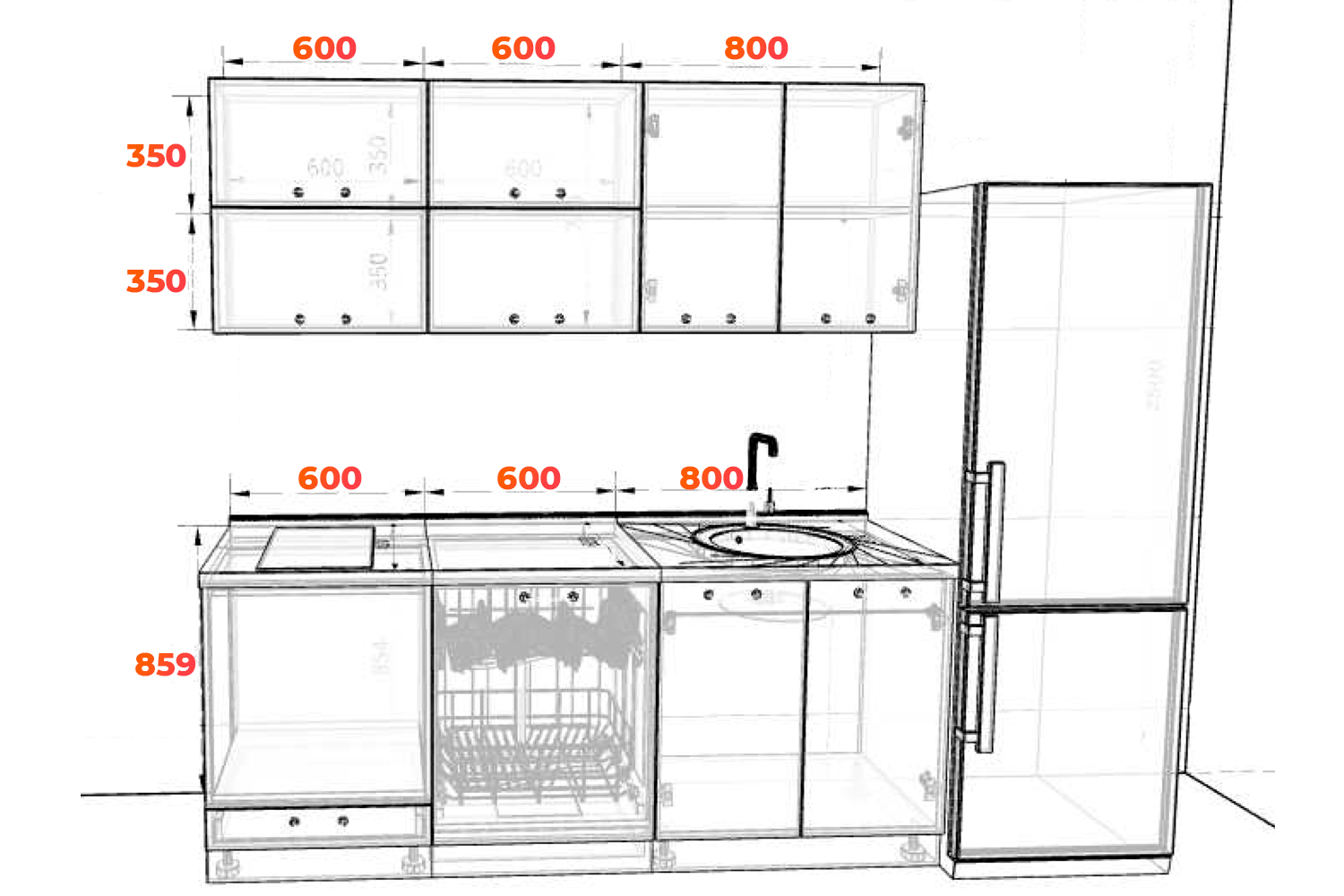 Схема кухни Лофт 2 метра с посудомоечной машинкой на 600