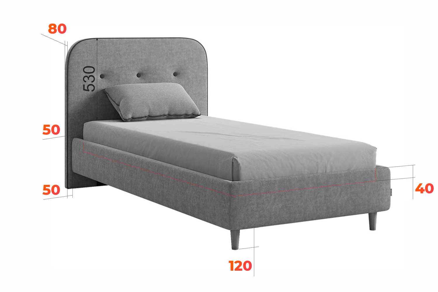 Схема односпальной кровати Лео 90х200 см с дополнительными размерами