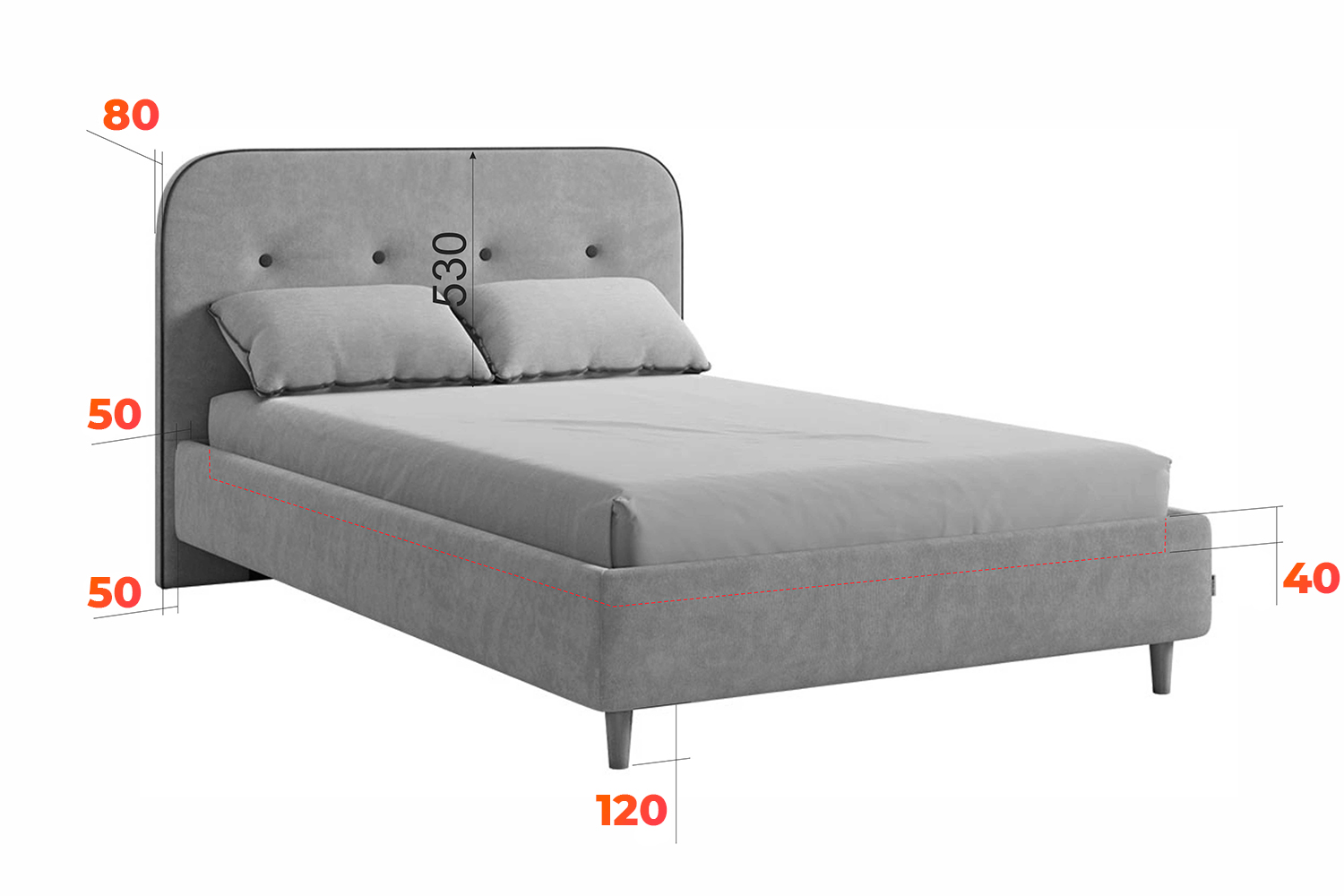 Схема с дополнительными размерами для кровати Лео 120х200 см