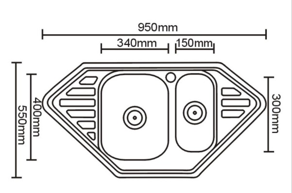 Схема полуторочашевой мойки 95х50 см с размерами