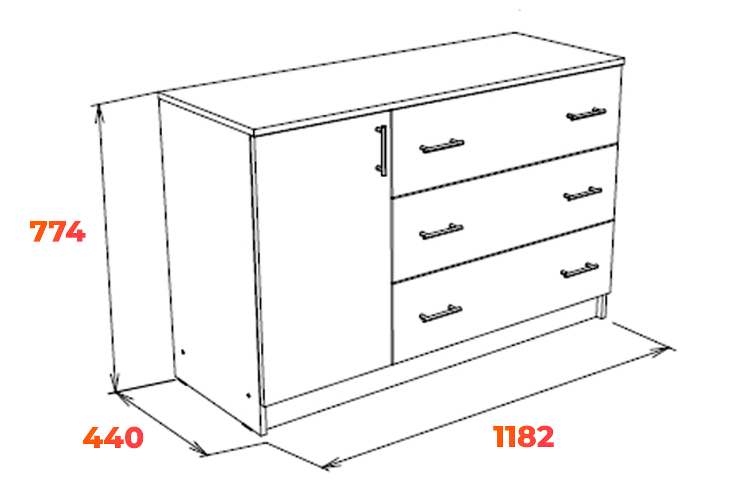 Схема с габаритными размерами для комода тумбы Система